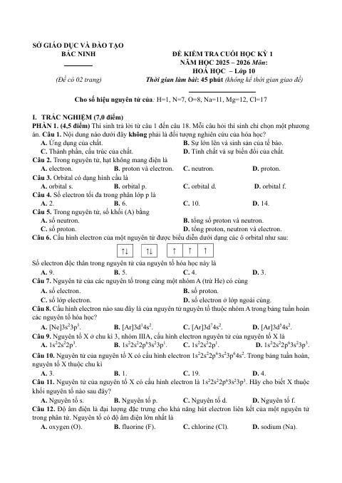Đề thi Học kì 1 Hóa học 10 năm 2025-2026 Sở Bắc Ninh
